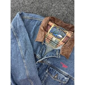 Vtg Upstream Dunbrooke Denim Jacket Leather Collar Men's Large Hong Kong 24.5x27
